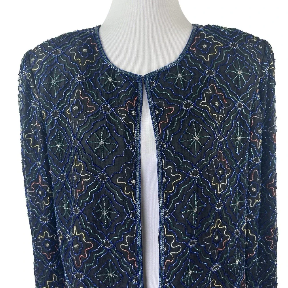 Vintage Stenay Jacket 100% Silk Sequin Beaded Black Formal Evening‎ Women's XL?
